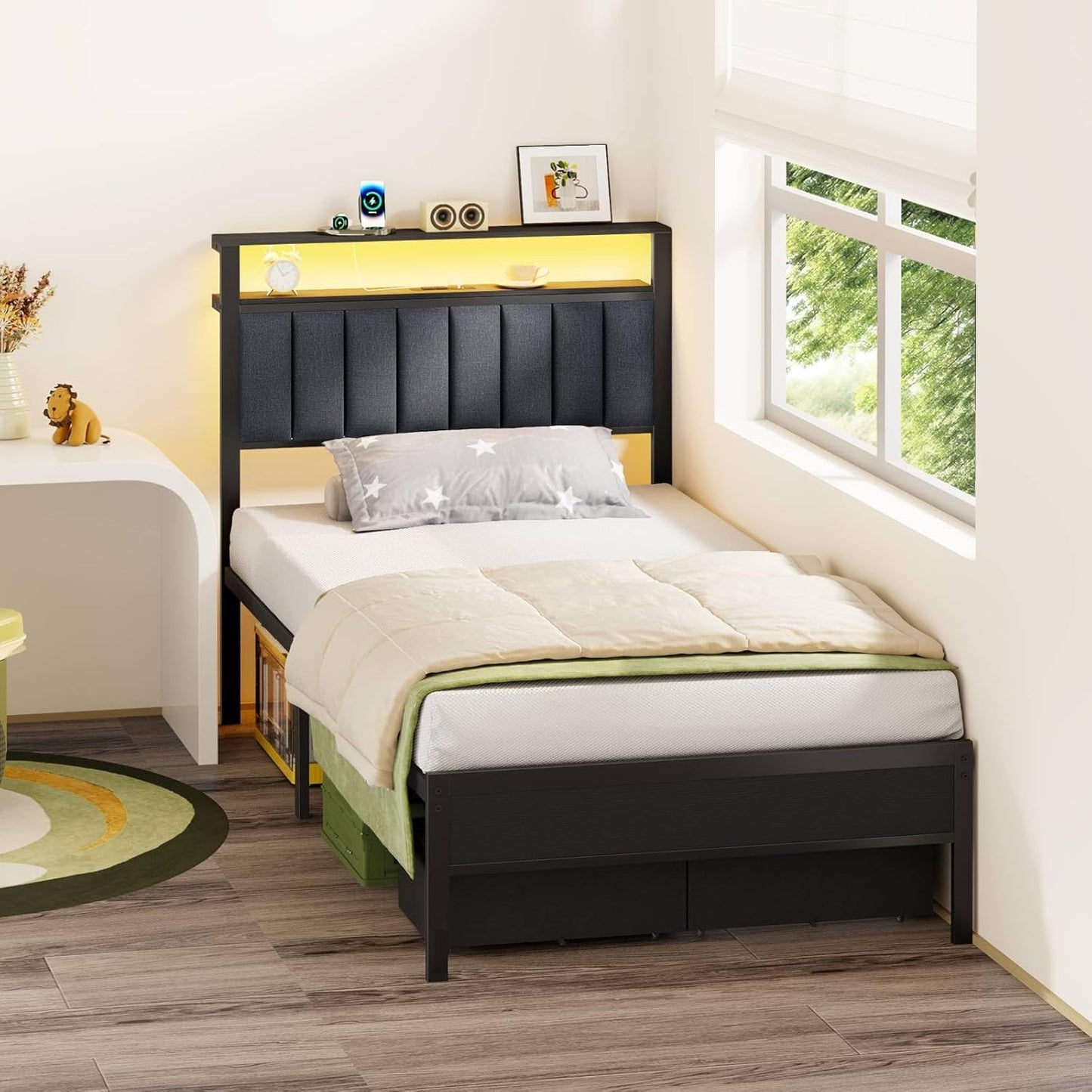 Twin Bed Frames with Charging Station and LED Lights, Grey Upholstered Headboard with Shelves, Metal Platform Bed with 2 Under-Bed Storage (Fabric Drawer on Wheels), No Box Spring Needed