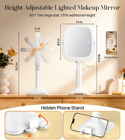 1X/10X Lighted Magnifying Mirror with Lights, Height Adjustable Lighted Makeup Mirror with Magnification for Desk, Hidden Phone Stand, 4000Mah 3 Color Modes for Vanity - White