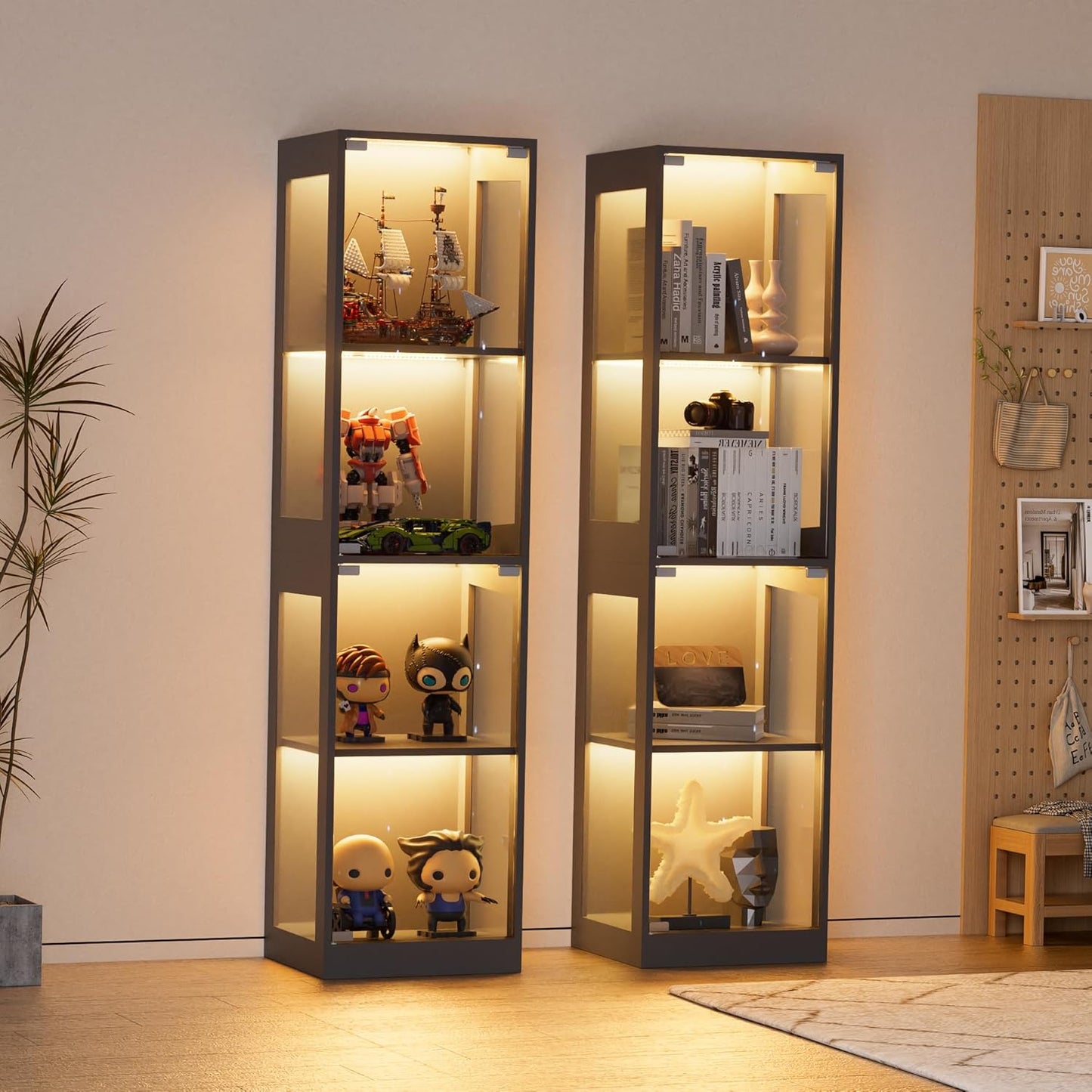 Display Cabinet with Glass Doors, 4-Tier Display Case with RGB Lights, Glass Toy Display Cabinet for Collectible, Curio Cabinets Collectibles Display Shelf for Playroom, Living Room (Black)