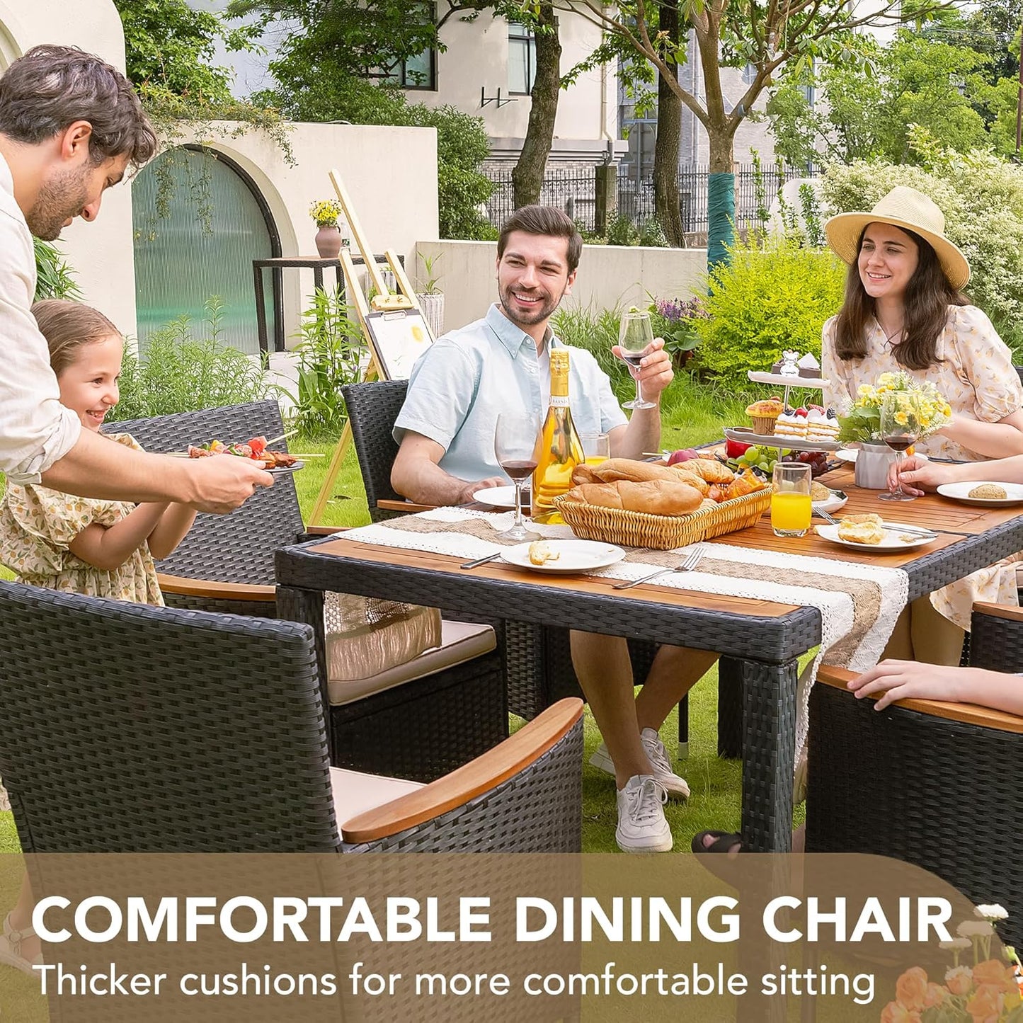 Dining 7 PCS Furniture, Patio Conversation Set with Acacia Wood Table Top, Outdoor, Beige Cushion and Black Rattan