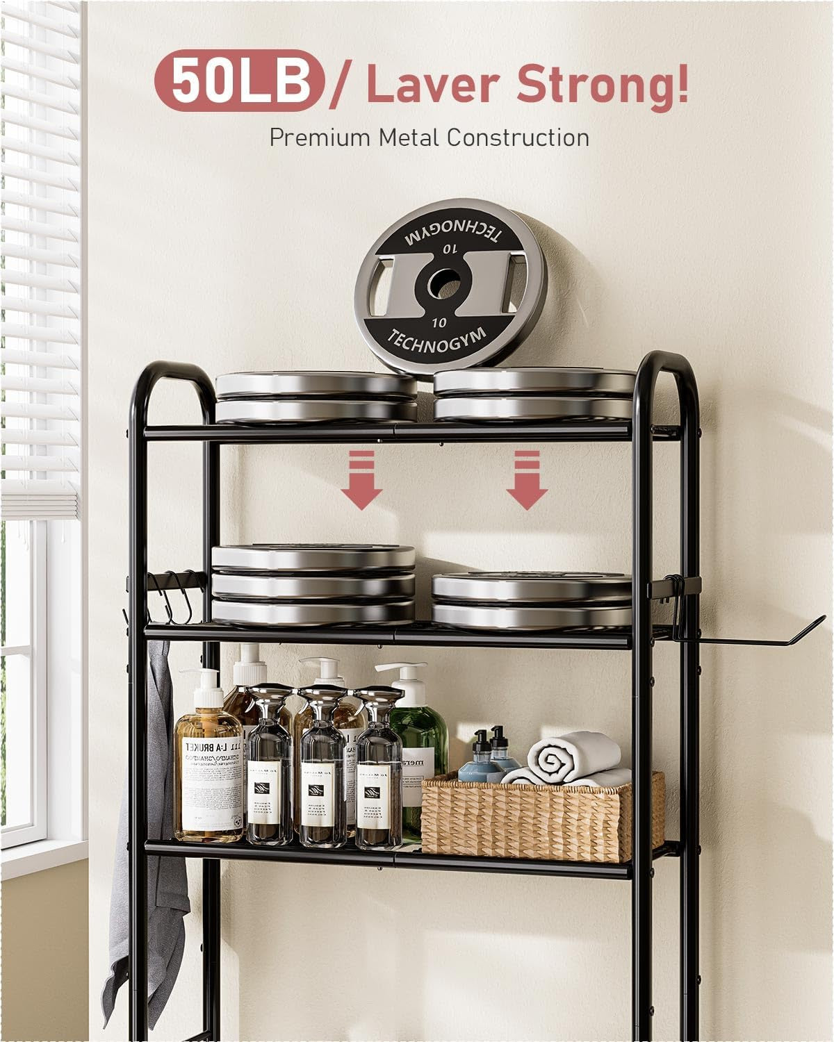 Over the Toilet Storage Rack, 3-Tier Metal Bathroom Organizer with Hooks, over the Toilet Storage Cabinet, Space Saver Shelf for Bathroom, Black, 23.6" X 13.0" X 63.4"