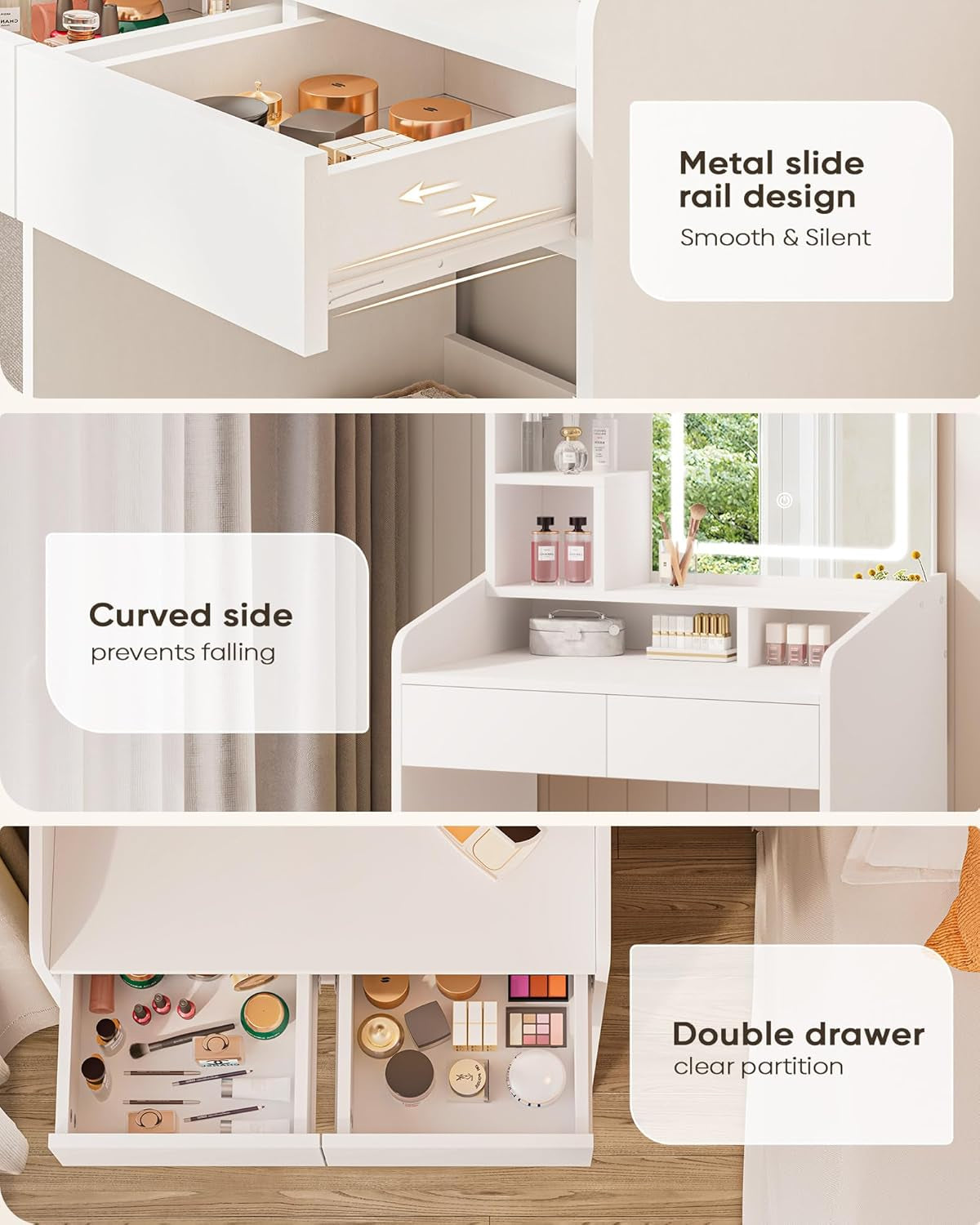 Small Makeup Vanity Desk with Lighted Mirror, White, 23.62" W X 15.74" D X 53.93" H (Smart LED Mirror, Open Shelves, 2 Drawers)