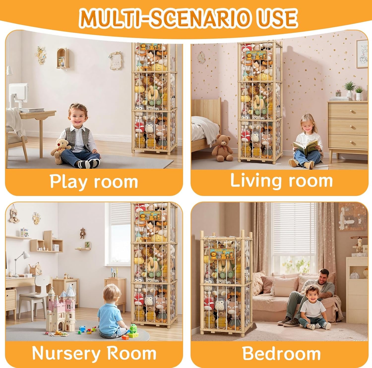 Wooden Stuffed Animals Storage Tower, Vertical Stuffy Animal Zoo Organizer with Nameplate, Large Stuffed Animal Cage for Kids Room, Stuffy Storage Holder for Nursery and Playroom Natural Wood