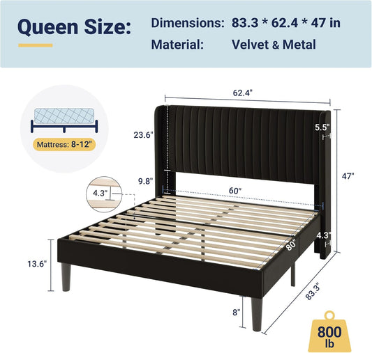 Queen Size Velvet Bed Frame/Vertical Channel Tufted Wingback Headboard/Upholstered Platform Bed/Strong Wooden Slats/No Box Spring Needed/Easy Assembly/Black