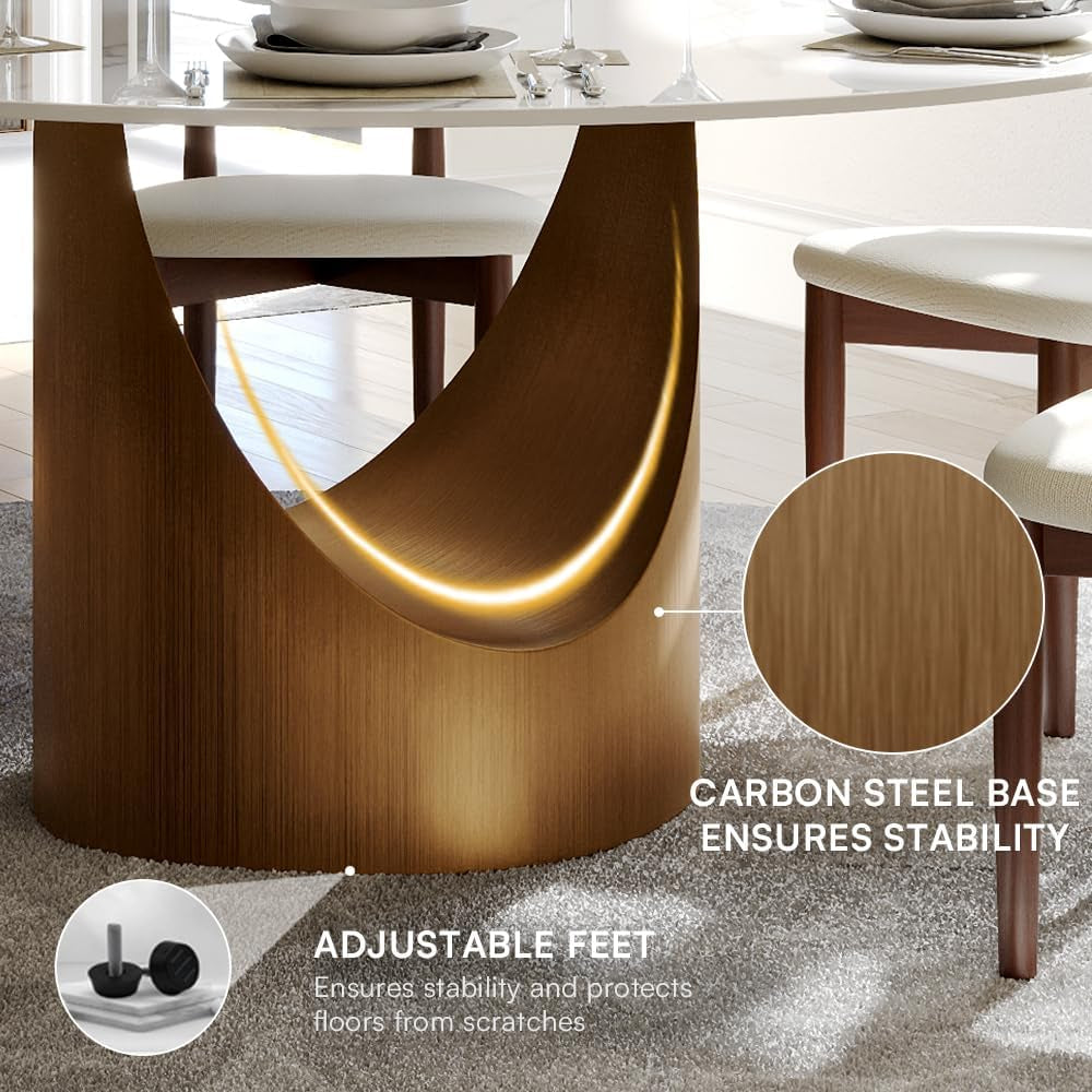 59" round Dining Table for 6, Glossy White Sintered Stone Dining Tabletop with Bronze Carbon Steel Pedestal, Modern Dining Room Table for Living Room, Kitchen (Table ONLY)