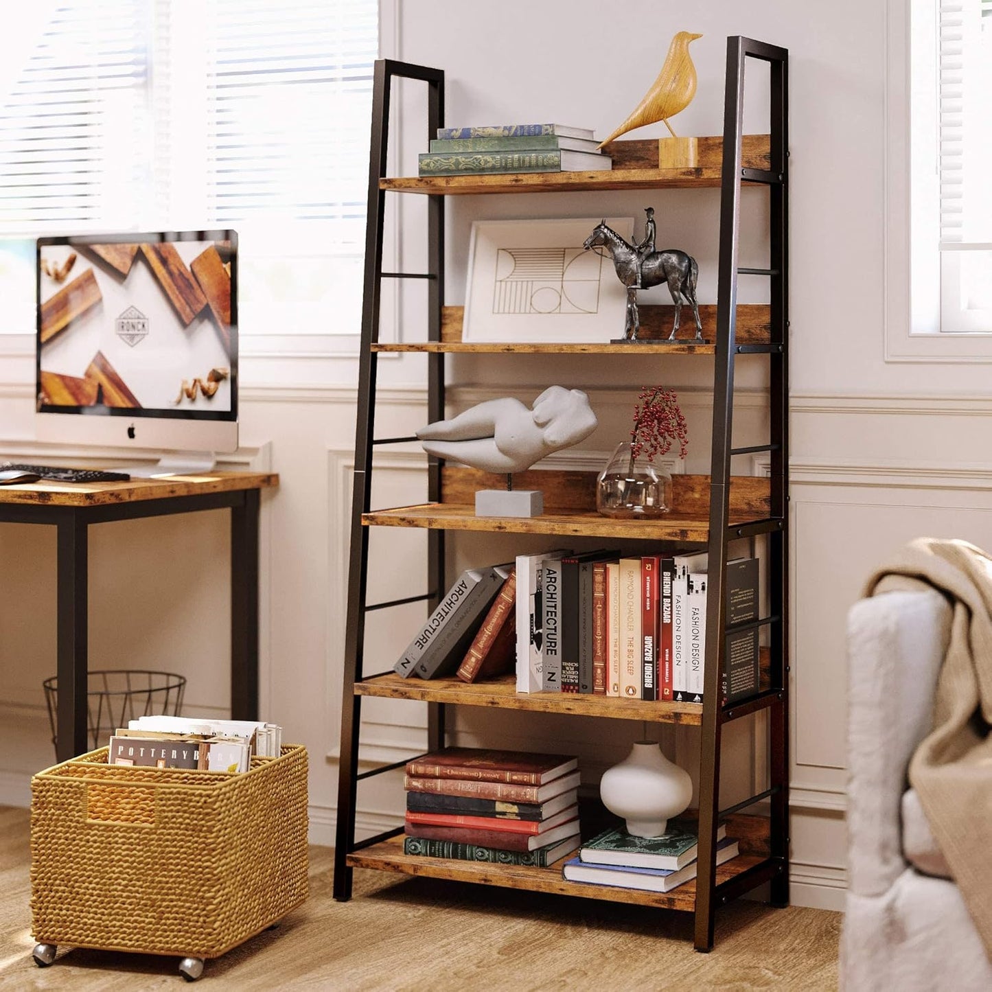Industrial Bookshelves and Bookcases, Ladder Shelf 5 Tiers with Metal Frame for Living Room, Home Office, Rustics Brown