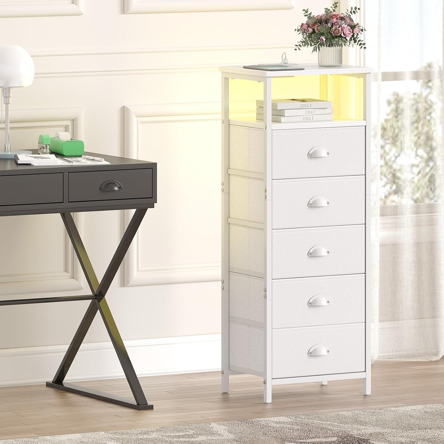 Nightstand with Charging Station,Led White Nightstands with 5 Fabric Drawers PU Finish, Bedside End Tables, 2-Tier Open Storage Shelf Side Table Nightstand with Drawers for Bedroom,White