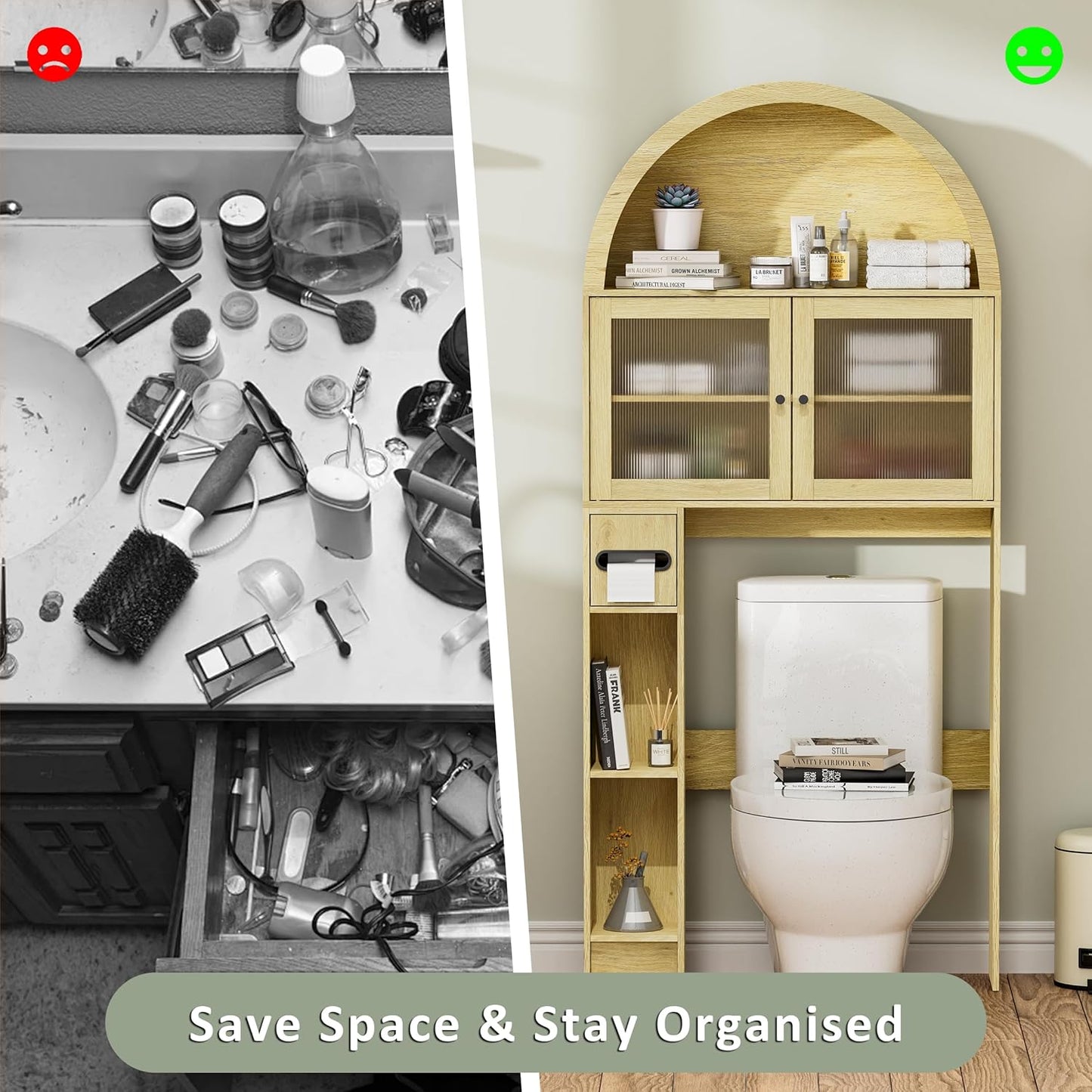 Over the Toilet Storage Cabinet, 31''W Arched Space-Saving Bathroom Organizer with Adjustable Shelf and Acrylic Doors, Freestanding over Toilet Cabinet for Bathroom, Laundry, Restroom (Oak Wood)