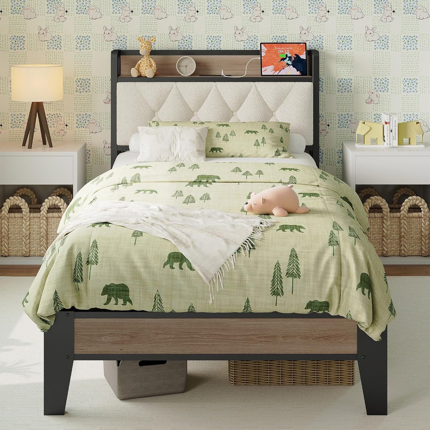 Twin XL Bed Frame, Storage Headboard with Charging Station, Platform Bed Frame with Strong Metal Support, Sturdy and Stable, Noise Free, No Box Spring Needed, Easy Assembly
