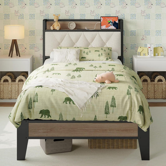 Twin XL Bed Frame, Storage Headboard with Charging Station, Platform Bed Frame with Strong Metal Support, Sturdy and Stable, Noise Free, No Box Spring Needed, Easy Assembly