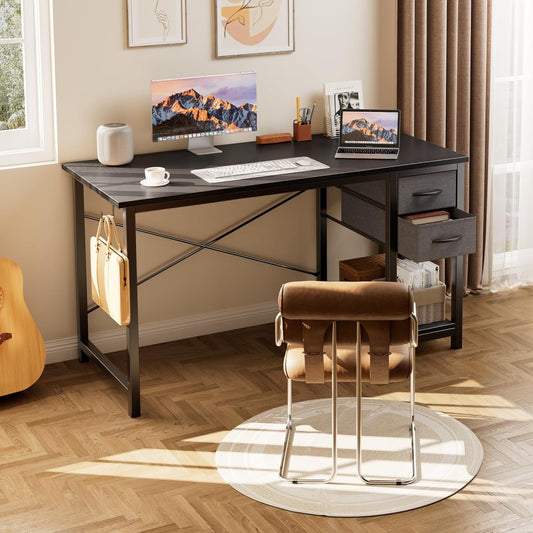 47 Inch Computer Desk with Drawers for Home Office, Writing Desk with X-Shaped Reinforcement, Wood Table with Adjustable Position Drawers, Modern Study Work Table with Side Hook, Black
