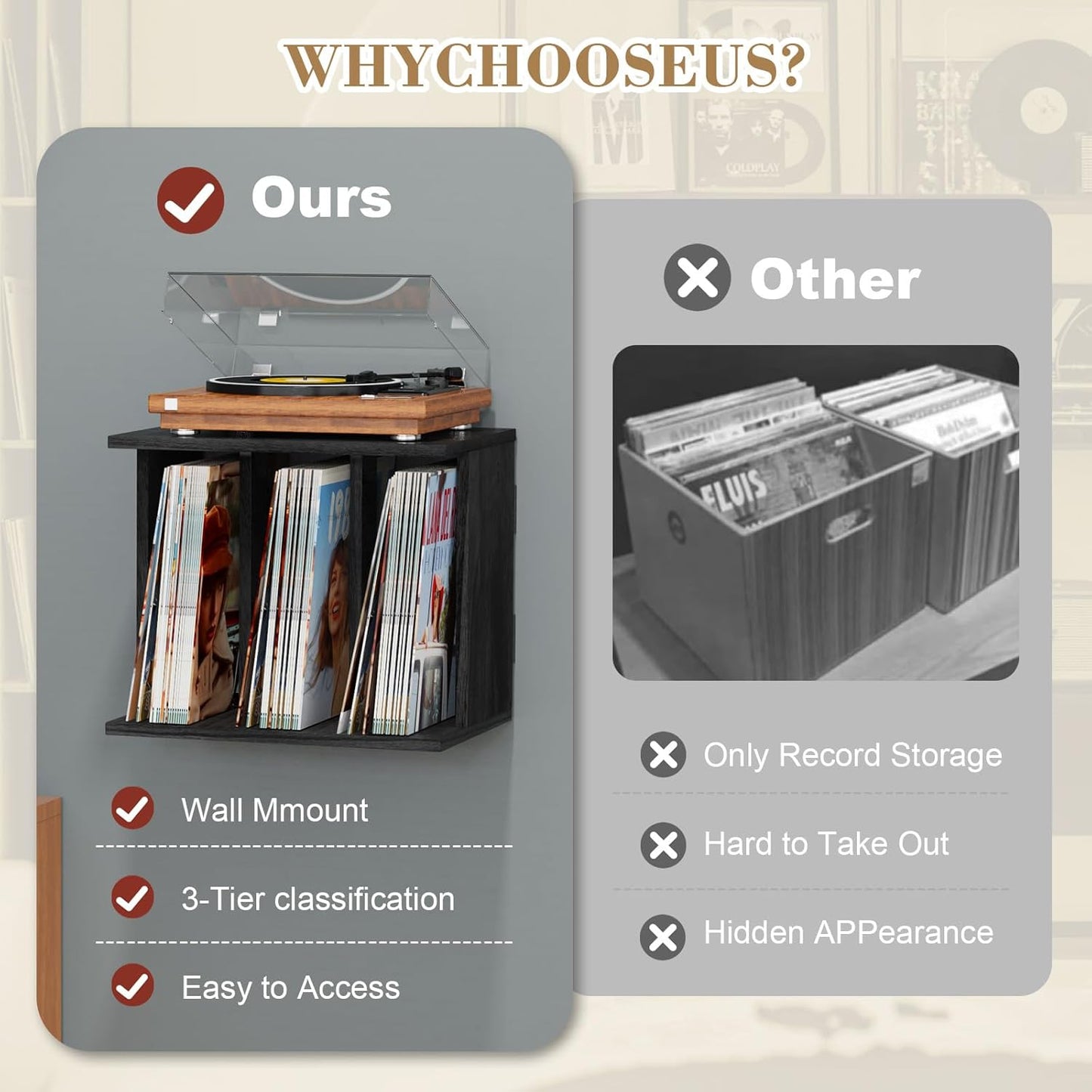 Vinyl Record Storage, Vinyl Record Stand Wall Mount up to 80-100 Albums, 3-Compartment Vinyl Record Holder