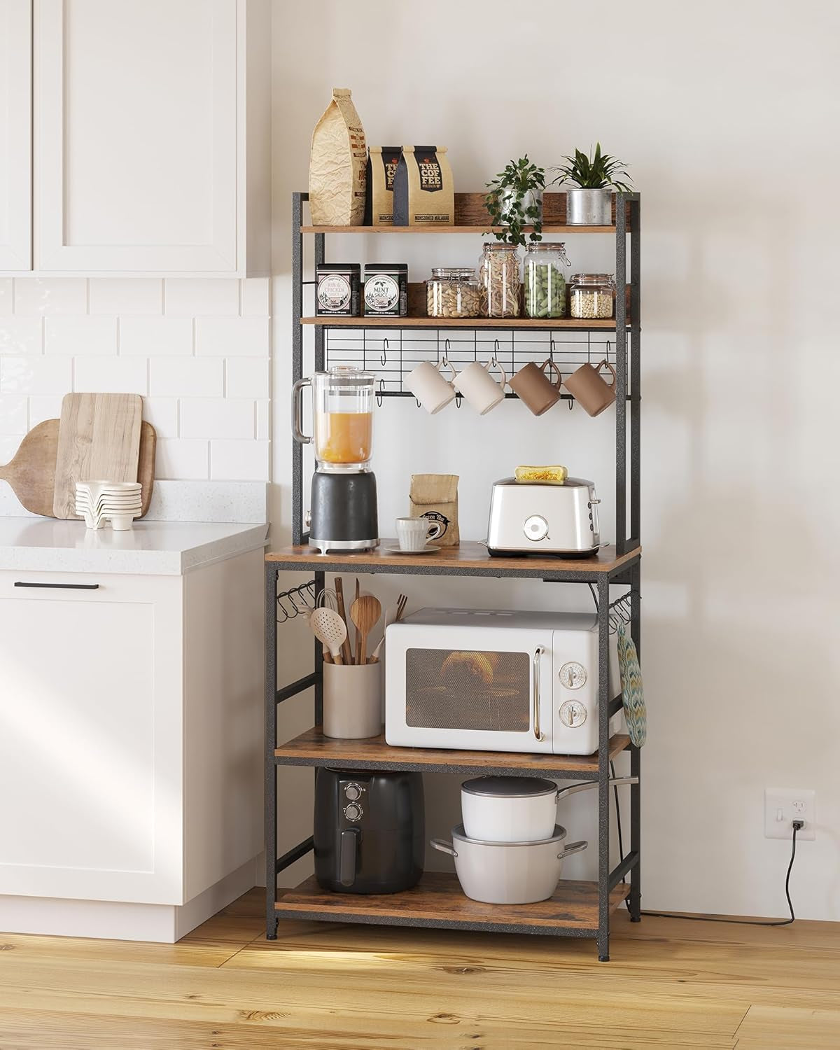 Hutch Bakers Rack with Power Outlet, 14 Hooks Microwave Stand, Adjustable Coffee Bar with Metal Wire Panel, Kitchen Storage Shelf, 15.7 X 23.6 X 66.9 Inches, Rustic Walnut and White UKKS037W41