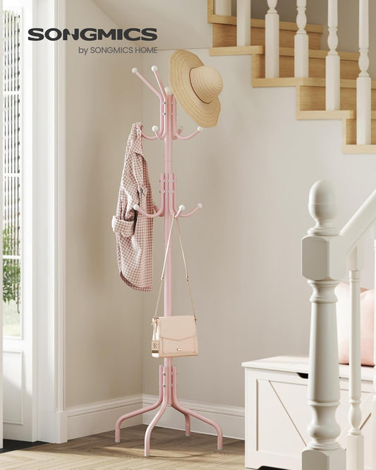 Coat Rack Freestanding, Metal Coat Rack Stand with 12 Hooks and 4 Legs, Holds Clothes, Hats, and Bags, for Entryway, Living Room, Bedroom, Jelly Pink URCR031R01
