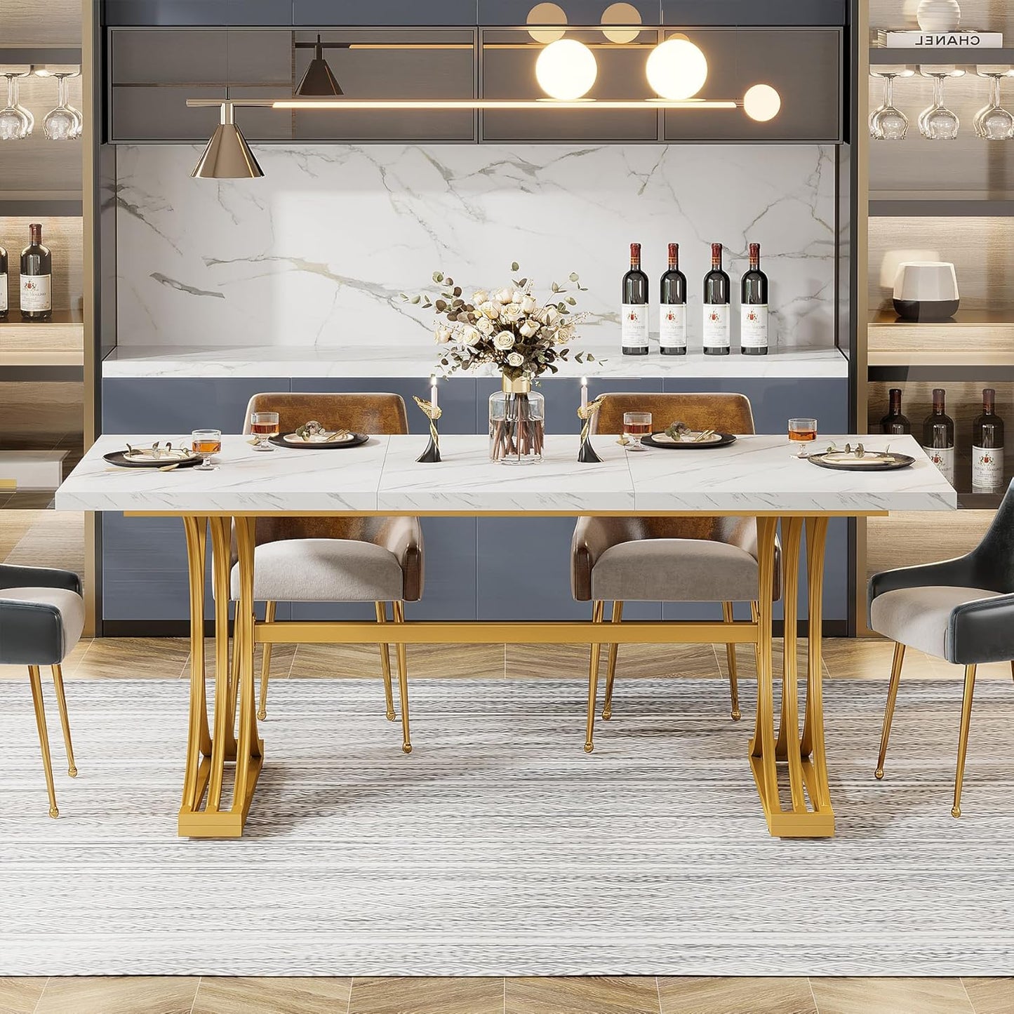 63-Inch Rectangular Dining Table for 4 to 6, Modern Kitchen Table with Stylish Metal Trestle Legs, Large Dinner Table for Dining Room, Chair Not Included (White+Gold)