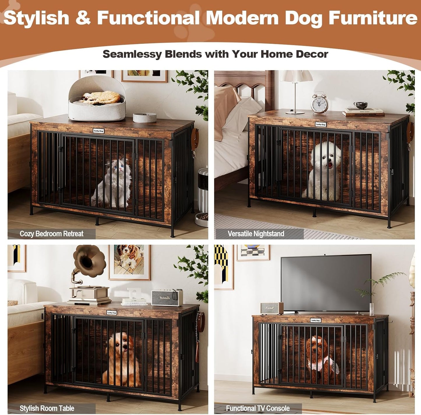 XL Dog Crate Furniture 48'', Heavy Duty Wooden Dog Kennel Indoor, XXL Large Cage End Table, 48'' X 24'' X 30'', Extra Large Pet House TV Stand with Name Tag & Divider for Big Breeds