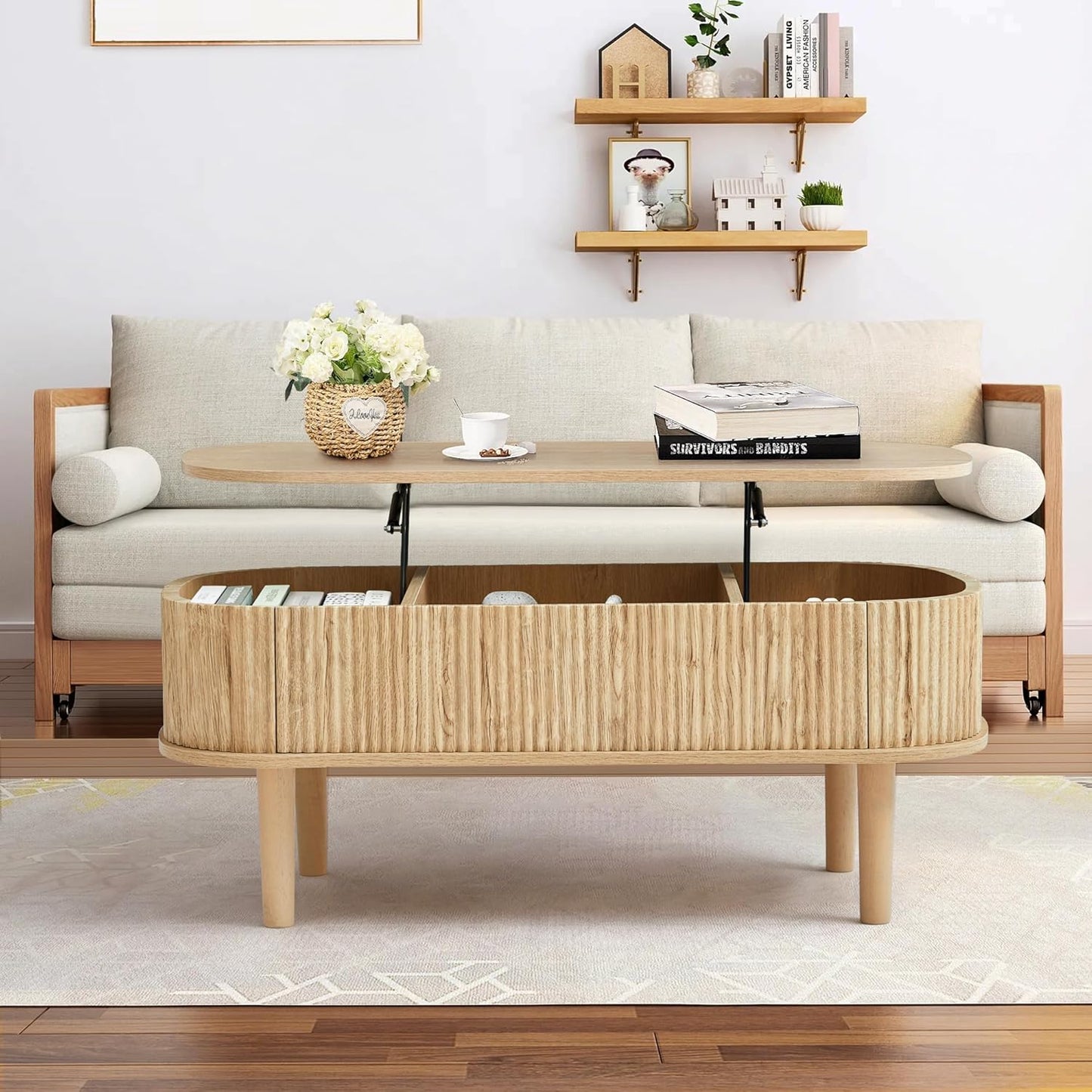 Fluted Lift Top Coffee Table with Hidden Compartment, Fully Assembled Wooden Center Table, Modern Oval Lift Tabletop for Home Living Room Office, Natural