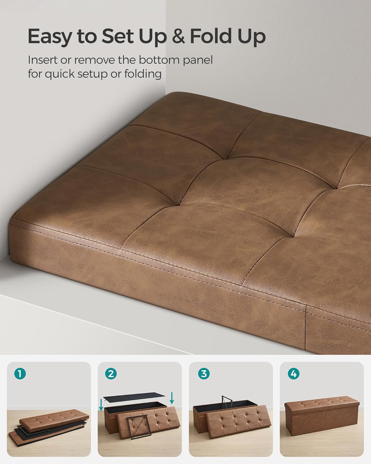 MAZIE Collection - 43 Inches Storage Ottoman Bench with Flipping Lid, Storage Chest with Iron Frame Support, Load 660 Lb, for Living Room, Bedroom, Synthetic Leather, Coffee Brown ULSF075K01