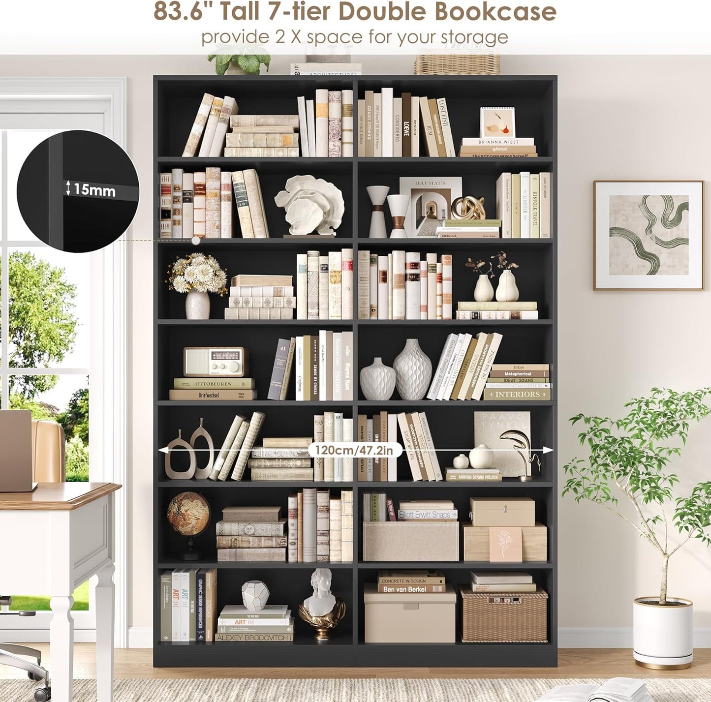 83.6" Tall Bookshelf and Bookcase, 7-Tier Extra Large Bookshelf with Double Storage, 14 Open Display Shelves for Home Office, Study and Living Room, Black