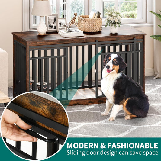 55 Inch Large Dog Crate Furniture, Heavy Duty Wooden Dog Crate TV Stand with 2 Dog Bowls, Metal Dog Kennel Indoor Furniture Sliding Barn Door Design for Extra Large Dogs, Rustic Brown