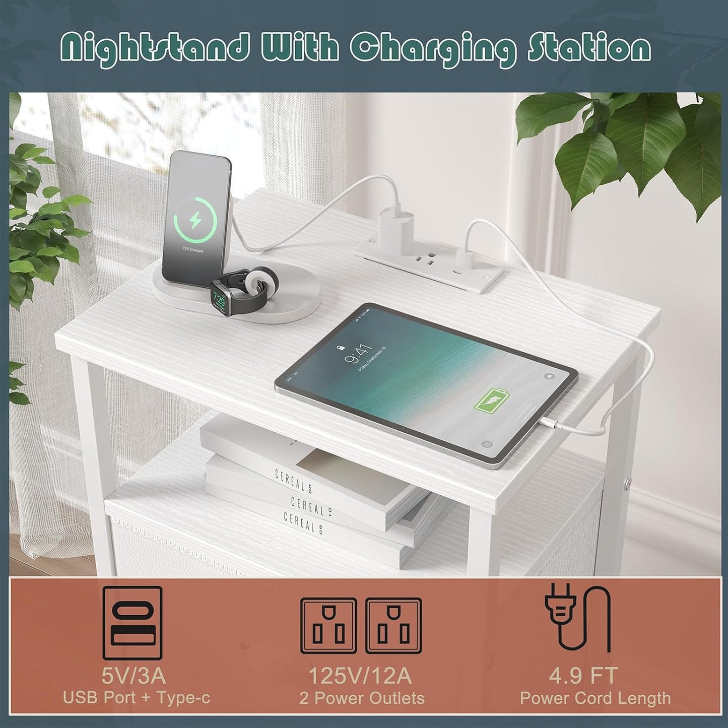 Nightstand with Charging Station,Led White Nightstands with 5 Fabric Drawers PU Finish, Bedside End Tables, 2-Tier Open Storage Shelf Side Table Nightstand with Drawers for Bedroom,White