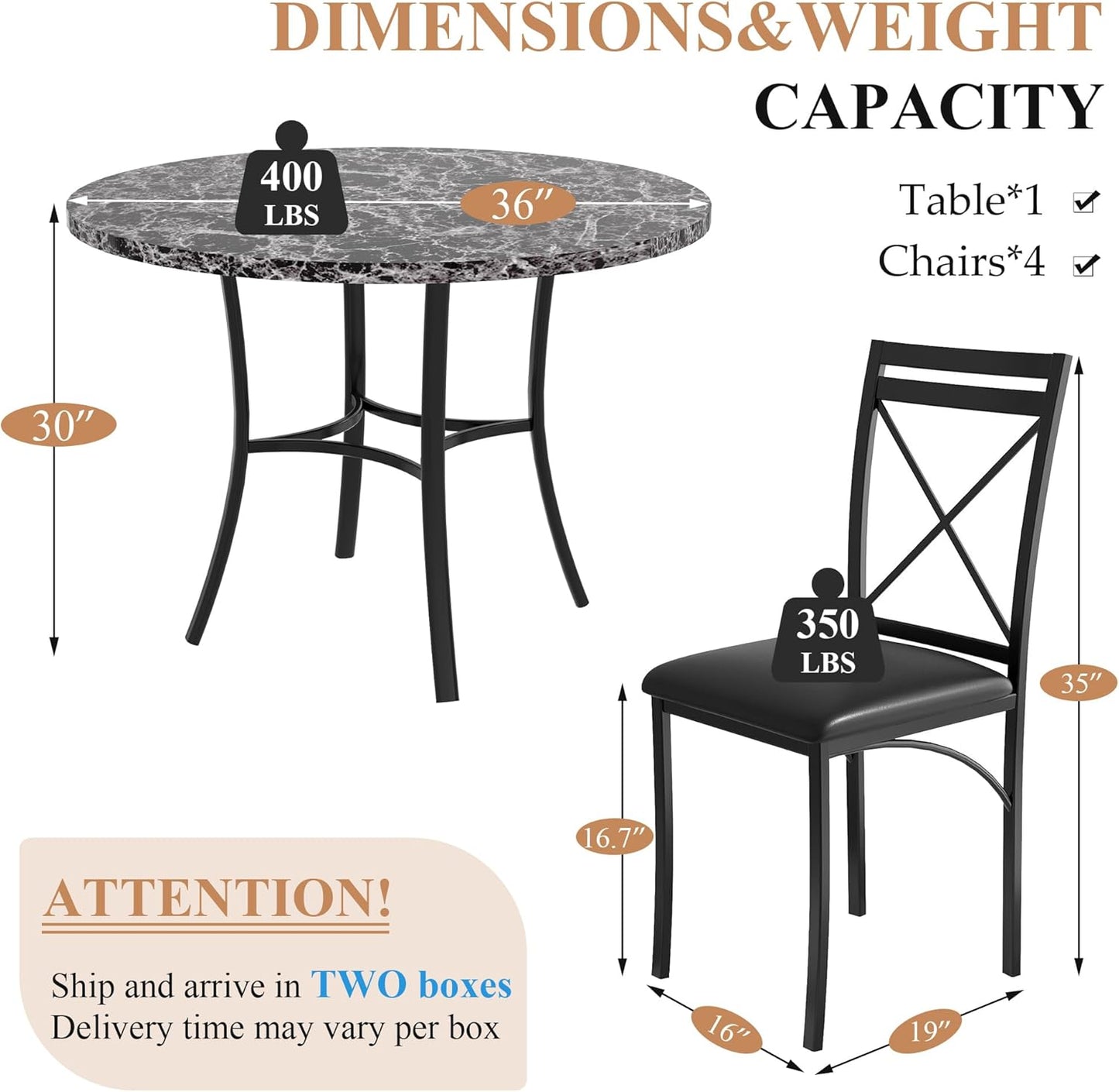 5 Piece Dining Table Set for 4, Faux Marble Dinette with Chairs for Kitchen, Breakfast Nook, Small Space, Black