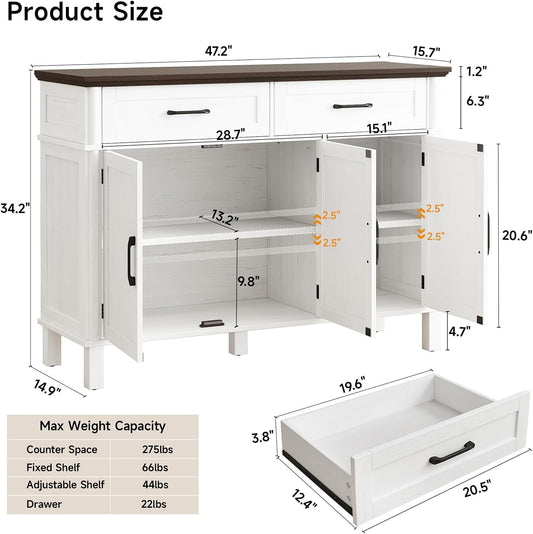 48 Inches Buffet Cabinet with Storage, Farmhouse Sideboard Buffet W/2 Drawers and 3 Doors, Wood Coffee Bar Cabinet with Adjustable Shelves, Sideboard Storage for Kitchen, Living Room, off White