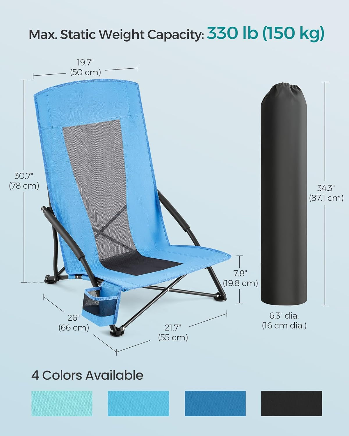 Set of 2 Portable Beach Chairs for Adults, Max. Load 330 Lb Each, High Backrest, Cup Holder, Lightweight, Heavy-Duty, Light Blue UGCB067Q01V1
