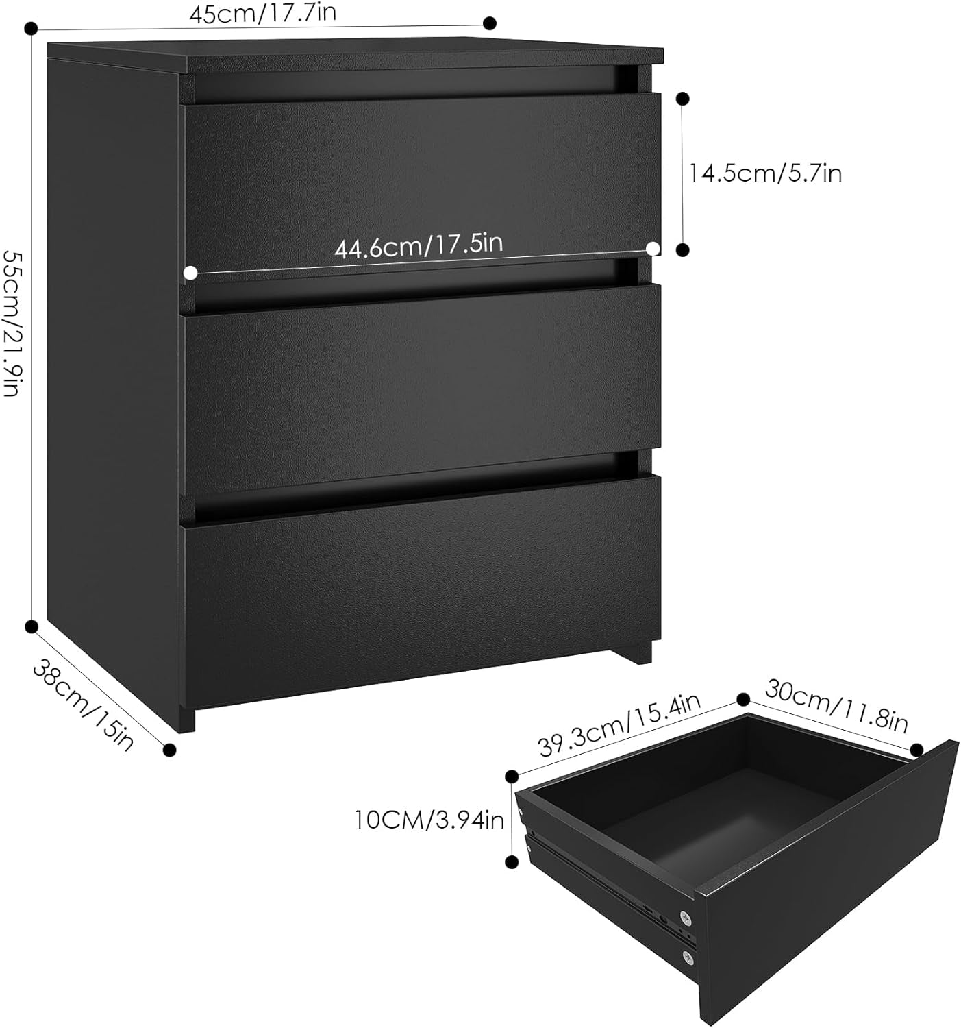 Nightstand Set of 2 Black Nightstand with 3 Drawers, Black Bedside Table Night Stand for Bedroom with Cut-Out Handle, Sofa Side Table 3 Drawer Nightstand for Bedroom, 17.7W*15D*21.7H