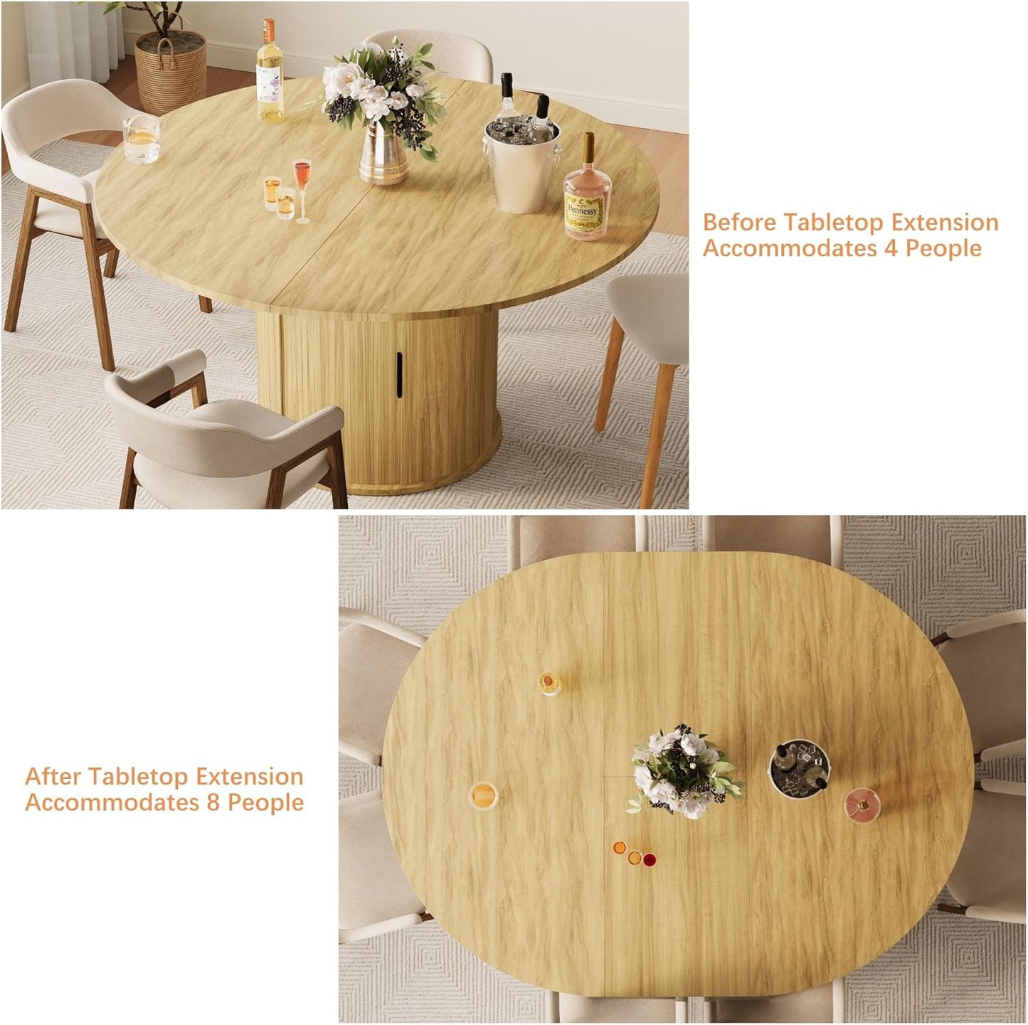 Extendable round Dining Table for 4-6-8, 59 Inch Dining Room Kitchen Table with 2-Tier Storage Shelf, Modern Farmhouse Fluted Wood Slide Door Dinner Furniture,Oval Circle,Oak