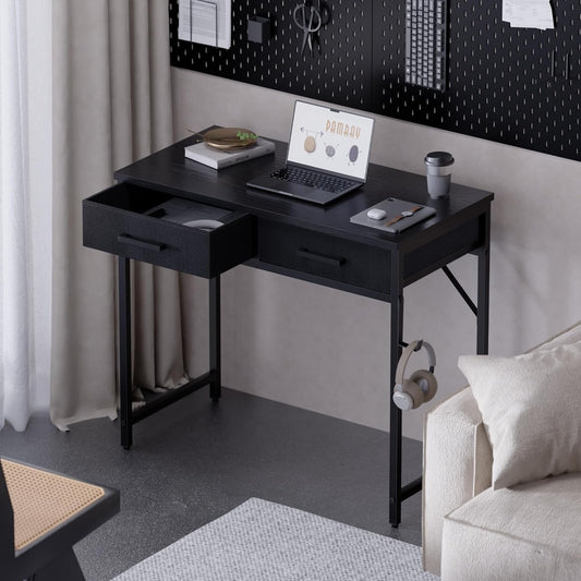 32 Inch Small Computer Desk with 2 Drawers for Bedroom Study Writing Home Office Table for Small Spaces Black