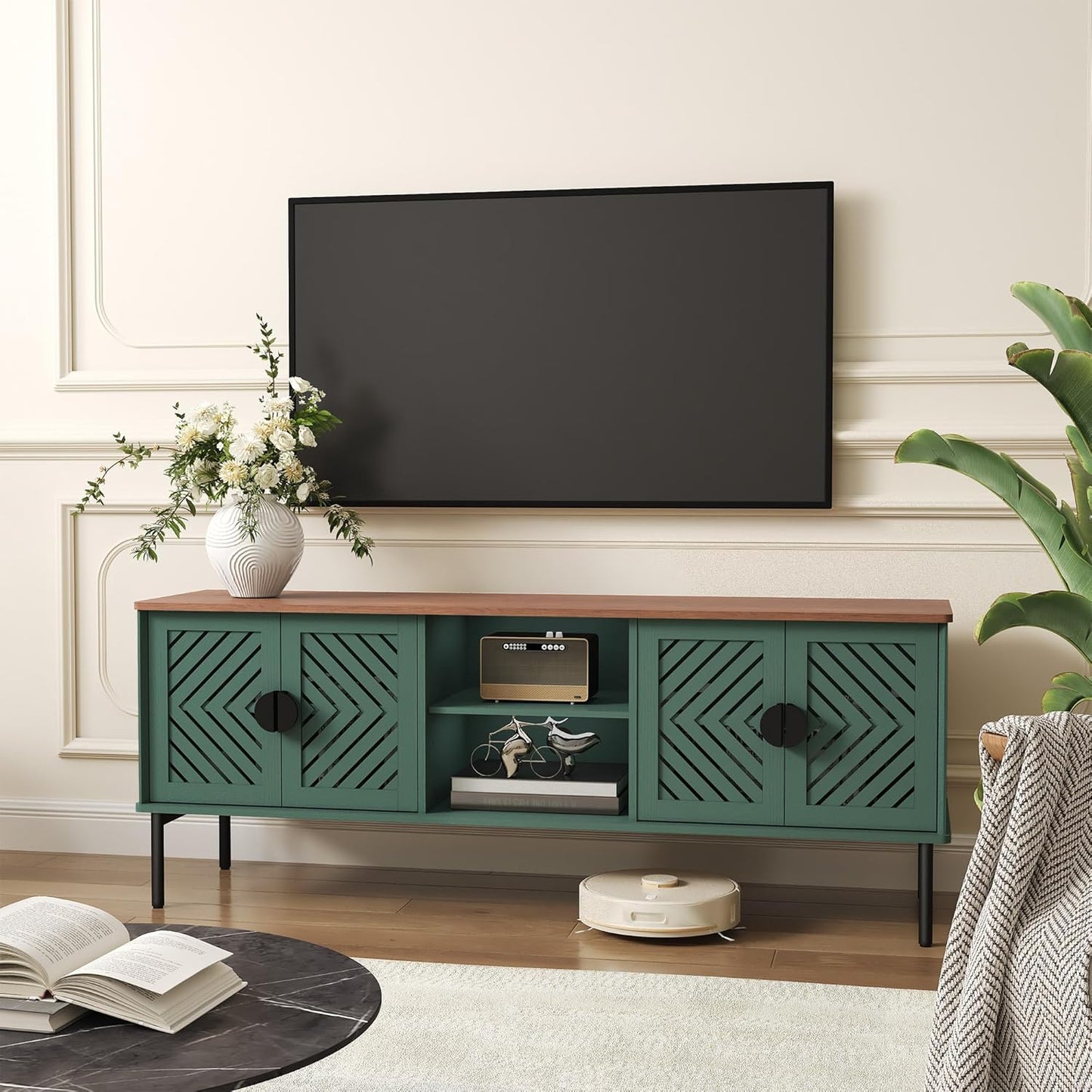 63" Modern TV Stands for Living Room, Long Entertainment Center with Storage, TV Console for 55 60 65 70 Inch TV, Bedroom TV Cabinet with Doors, Wood Media Console, Television Stand, Green