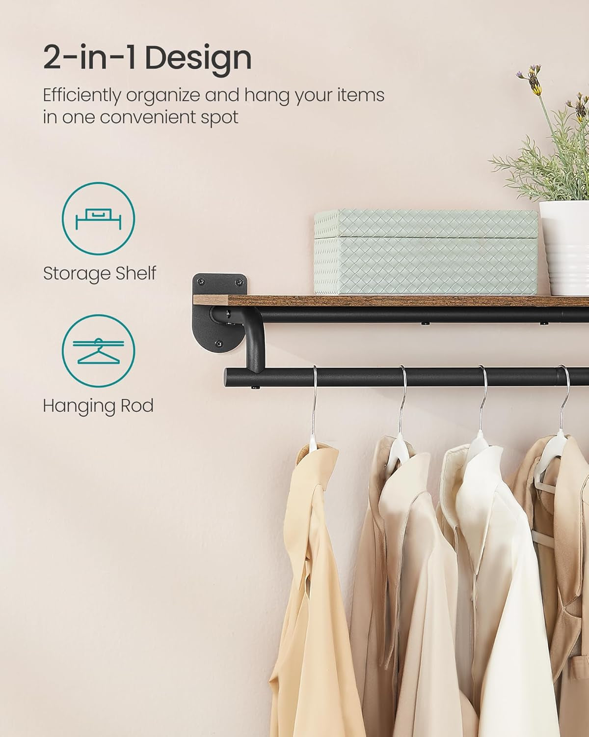Clothes Rack with Top Shelf, Wall Mounted Clothing Rack, with Hanging Rod, Loads up to 77 Lb, 11 X 42.9 X 5.2 Inches, Entryway, Bedroom, Closet, Rustic Brown and Ink Black UHSR135B01