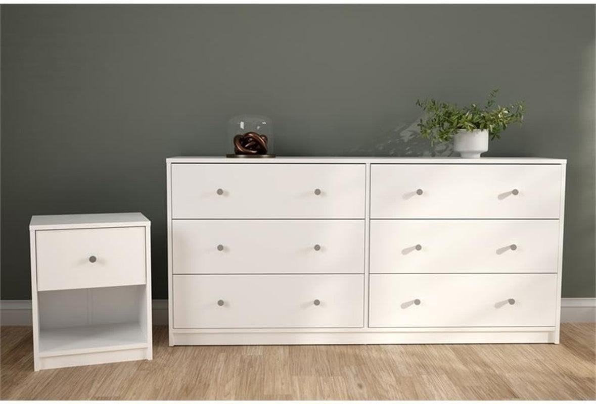 3 Piece Bedroom Set with 6-Drawer Double Dresser and Two of 1-Drawer Nightstand in White