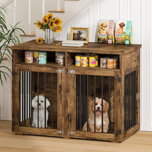Furniture Dog Crate for 2 Dogs, 41 Inch Dog Kennel Furniture with Removable Divider and Shelf Storage, Wooden Dog Crate for Small/Medium Dogs, White