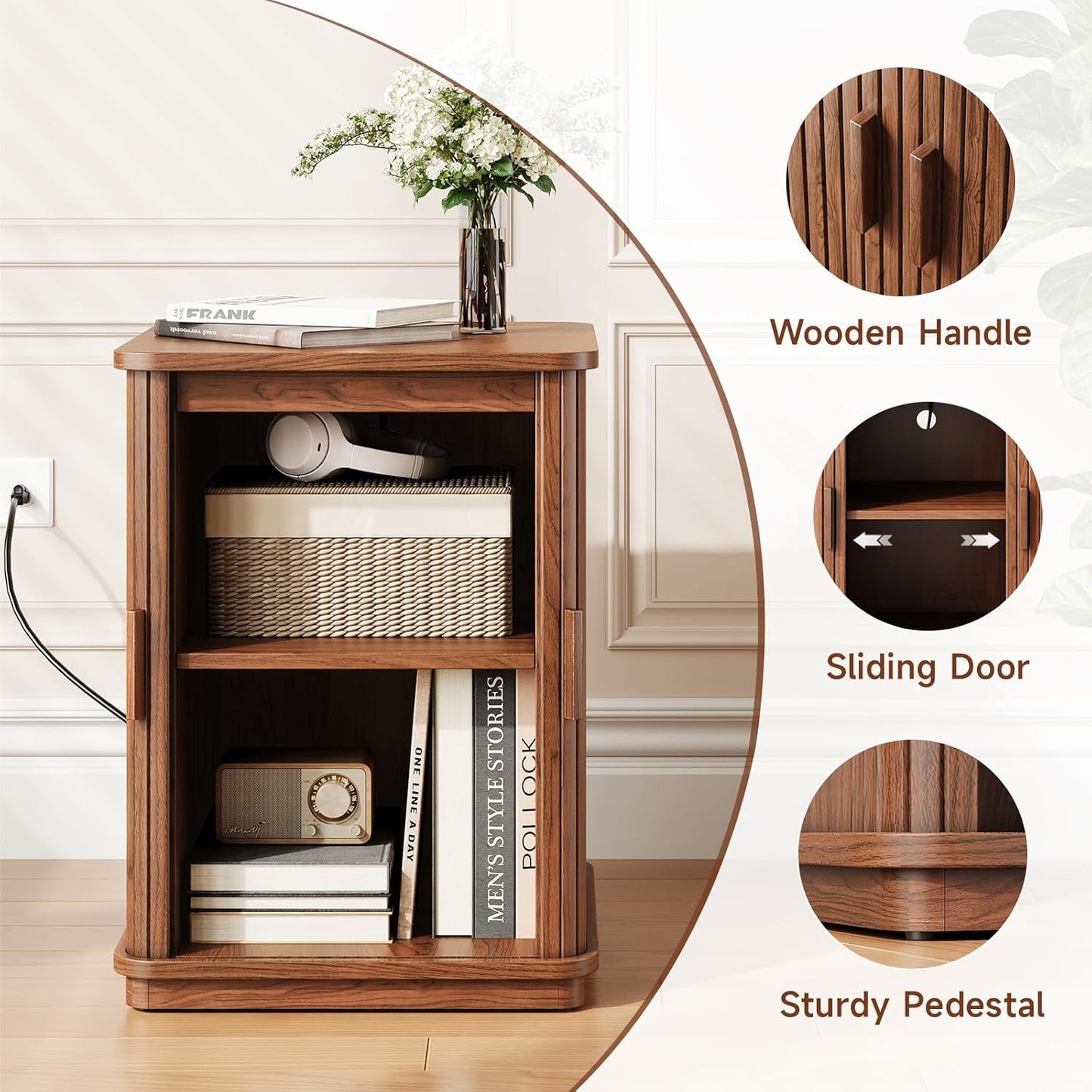 Square End Table with Storage & Charging Station, Fluted Accent Side Table with Sliding Door & Sturdy Pedestal, Mid-Century Modern Nightstand for Small Space, Living Room, Bedroom, Black