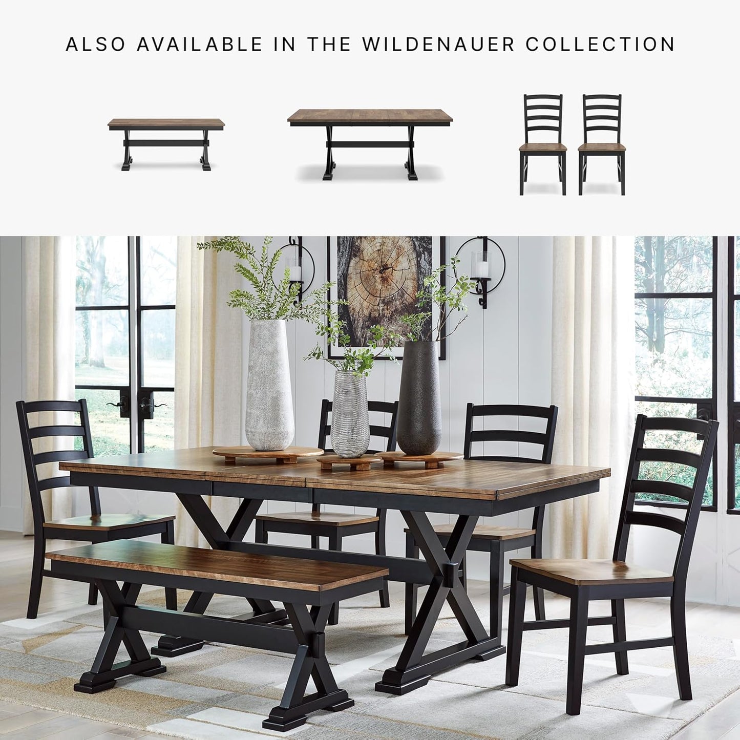 Wildenauer Farmhouse Dining Extension Table with Self-Storing Butterfly Leaf for 6-8 People, Black & Dark Brown