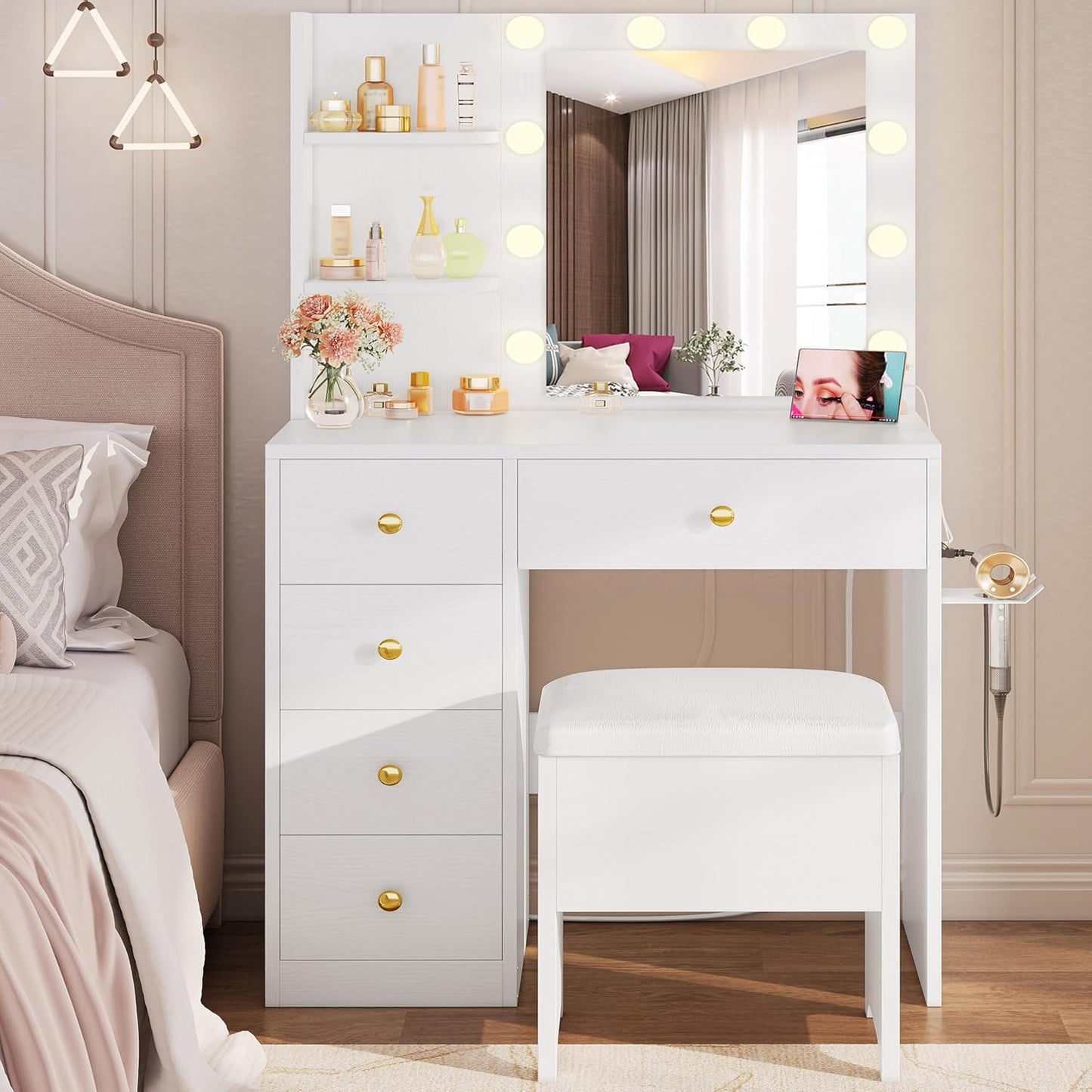 Vanity Desk with Mirror and Lights, Small Makeup Vanity Table with 5 Drawers, Power Outlet, and Vanity Stool, 3 Lighting Colors, Dressing Table for Women Girls Bedroom, White