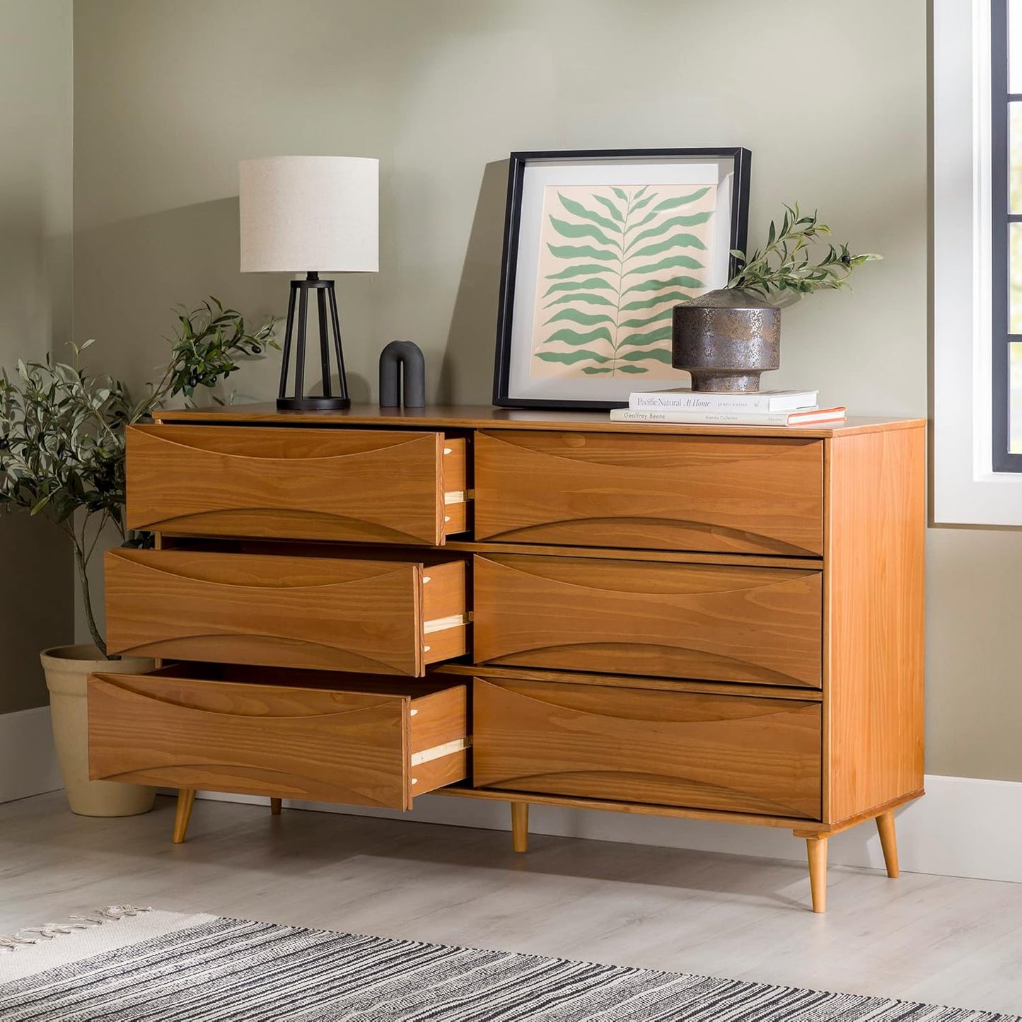 Atticus Mid-Century Modern Detailed-Drawer Solid Wood Dresser, 59 Inch, Caramel