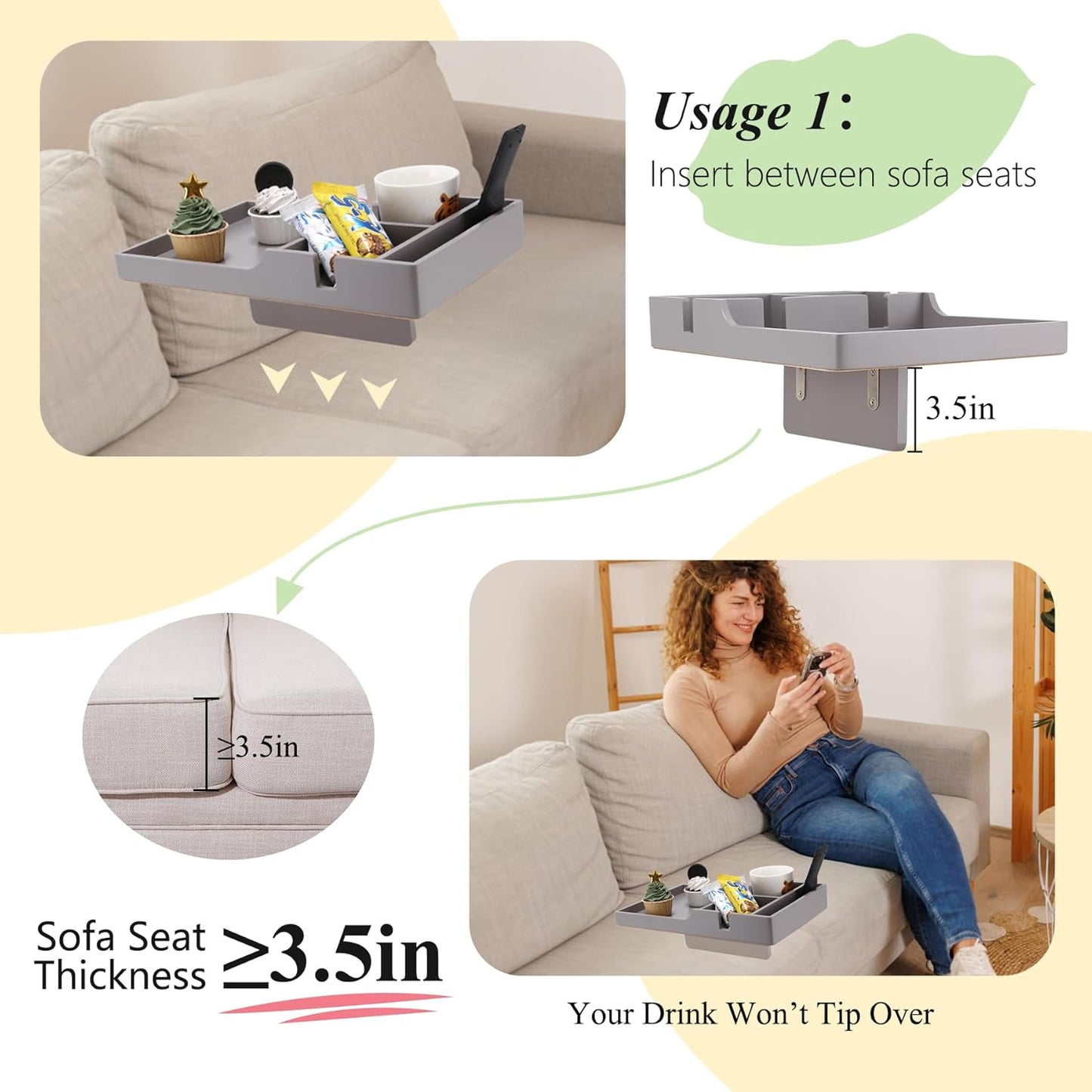 Couch Tray Insert for Middle,Bamboo 15.3โณX9.8โณ Sofa 2 Cups Holder Table between Couch Cushions,Fit Armless Couch/Sectional, 2-In-1 Fold-Flat Tray for Drink Snack Remote Holder
