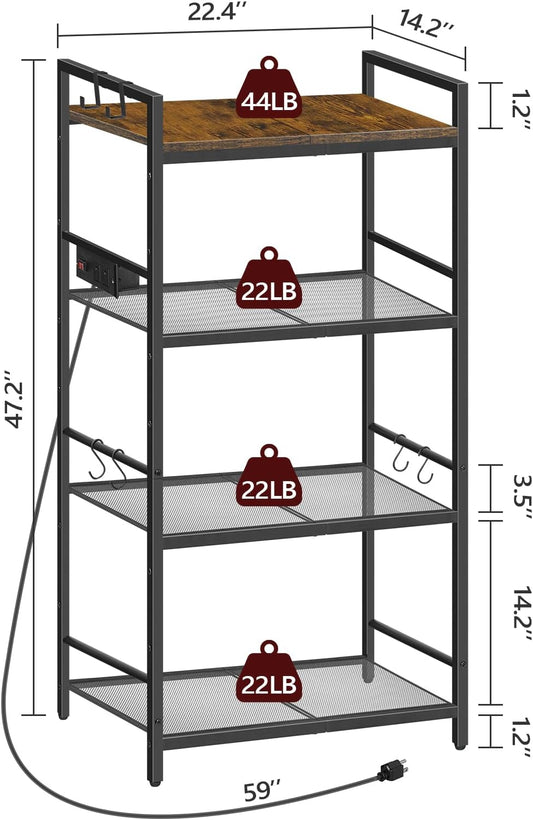 Bakers Rack with Power Outlet, Microwave Stand with Hooks, Multifunctional Storage Rack, Coffee Bar with Enclosure, Kitchen Storage Shelf, for Kitchen, Dining Room, Rustic Brown BRHR40E01N1