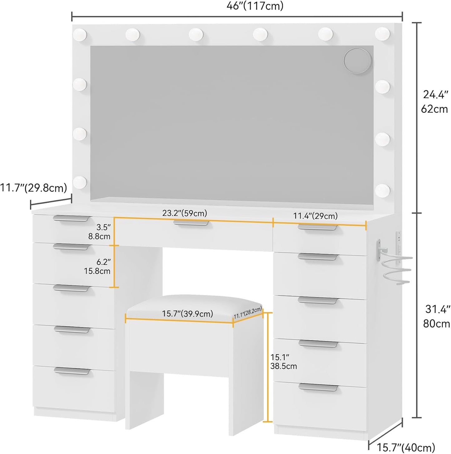 Vanity Desk Set with Mirror & Power Outlets, Vanity Table with Stool, 12 LED Bulbs, 3 Dimmable Light Colors, 11 Drawers, Hair Dryer Rack & Magnifying Mirror