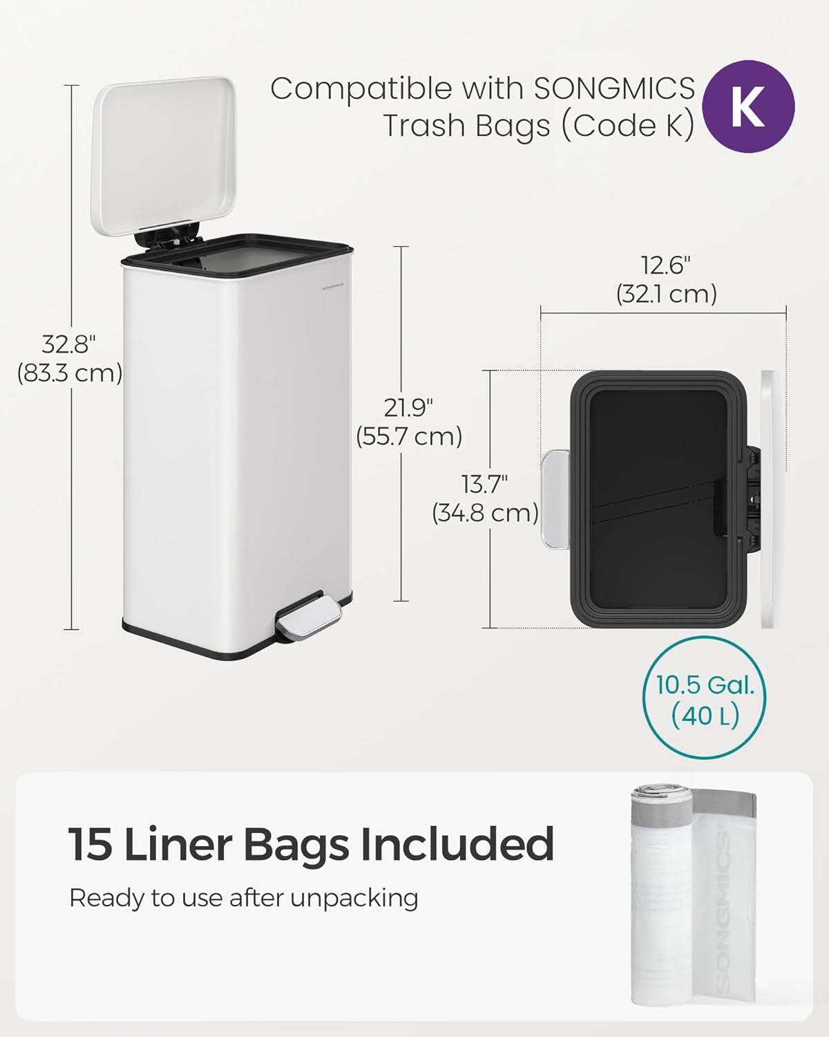 Kitchen Trash Can, 10.5 Gallon (40 L) Garbage Can, Large Step Trash Bin with Lid, Stainless Steel, Soft Close, 15 Trash Bags Included, White ULTB540W40