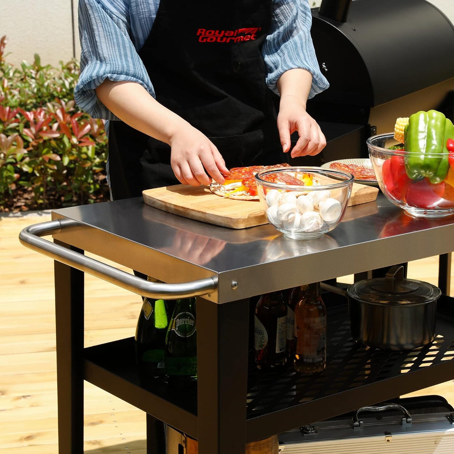 PC3404S Rolling Dining Table with Trash Bag Holder, Outdoor Garden Patio BBQ Kitchen Food Prep Table Cart, 34"L X 20"W Stainless Steel Tabletop, Silver & Black