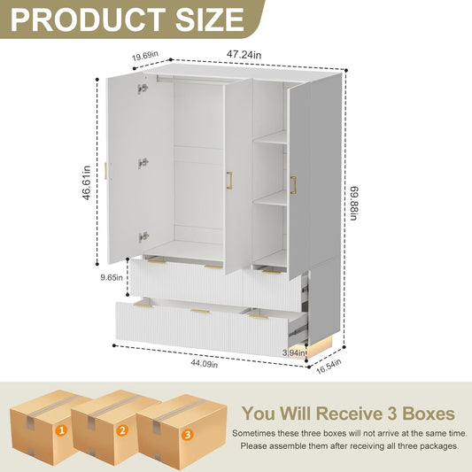 Armoire Wardrobe Closet with 3 Door, Bedroom Armoires with Mirror and LED Lights, Hanging Rod, Drawers, Large Capacity Storage Wardrobe Armoire for Bedroom