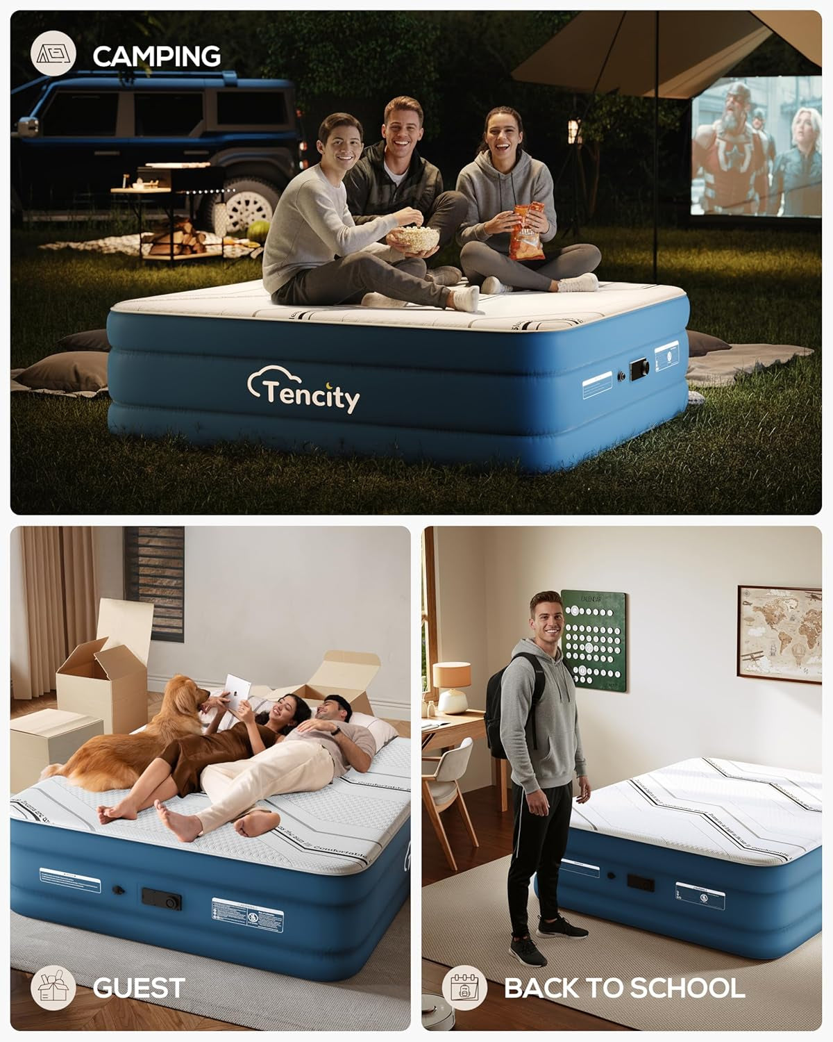 20” Tall Luxury Air Mattress with Quilted Foam Topper, Extra Firm Support with U-Shaped PVC Strap Inflatable Bed, Quiet & Comfortable Blow up Bed for Home Guests, Camping, Travel, Fast Inflate Airbed