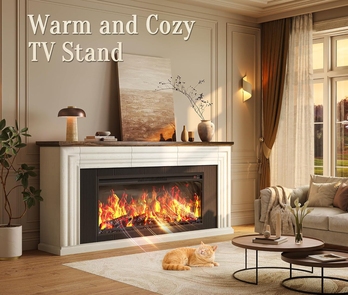 70'' Fireplace TV Stand with 42'' Electric Fireplace, Farmhouse TV Stand for 65 75 Inch TV, Entertainment Center TV Console with 3 Drawers, Fluted Design, for Living Room, Distressed White