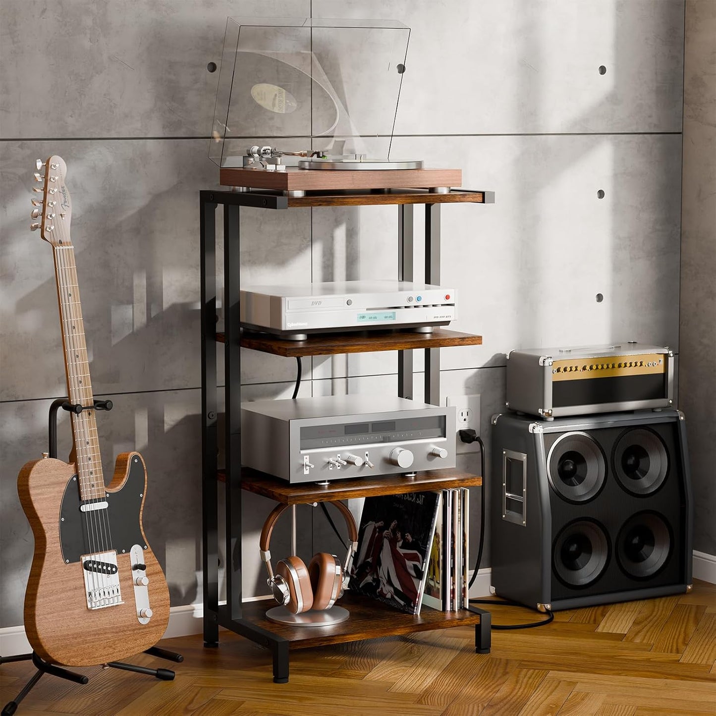 16.5" Game Console Shelf, Small 4-Tier Video Gaming Consoles Stand with Outlet, Narrow Stereo Cabinet AV Media Stand, Corner Audio Rack for Ps5,Xbox,Game Console,Tv Box,Wifi Router