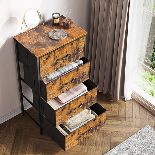 Dresser for Bedroom with 4 Storage Drawers, Small Dresser Chest of Fabric Drawers with Sturdy Steel Frame, Wood Top, Vintage