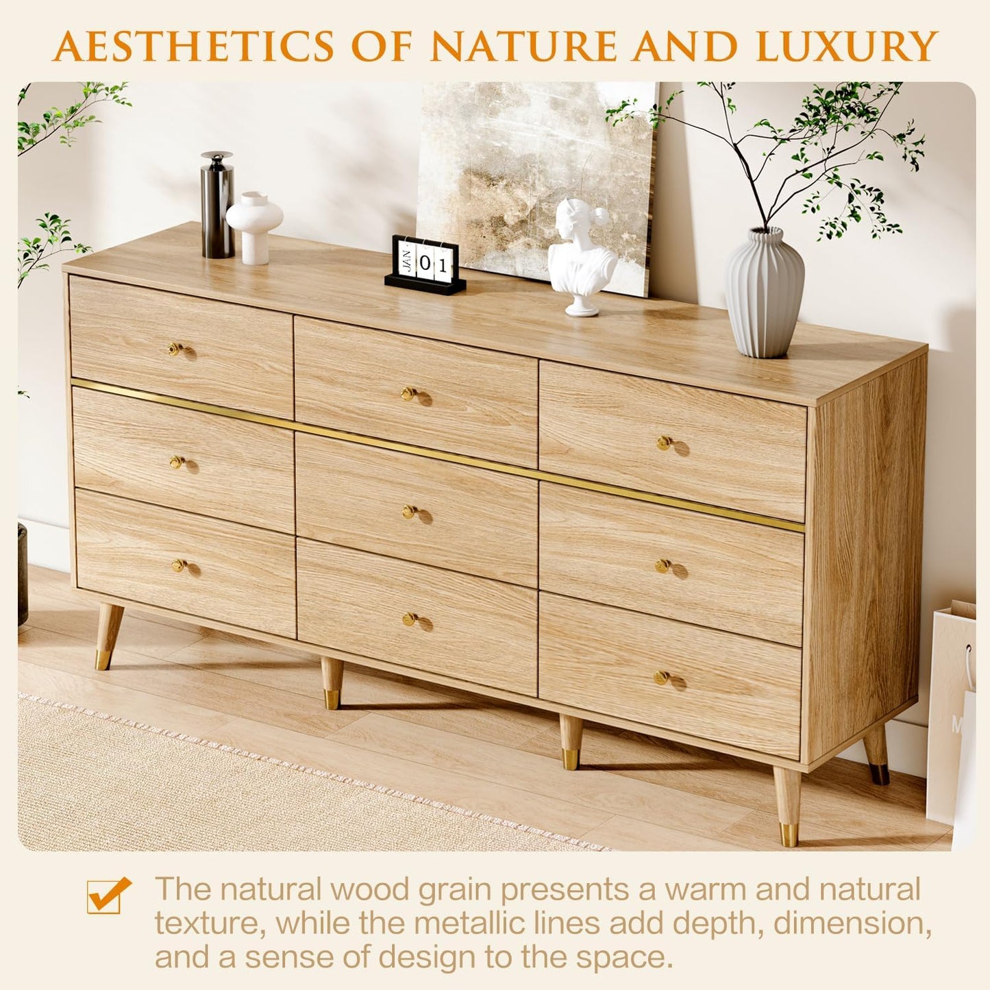 9 Drawer Dresser,63" Wide Mid Century Modern Chest of Drawers,Wooden Bedroom Drawer Dresser with 9 Storage Drawers for Bedroom, Living Room,With Anti-Tipping Device,Natural